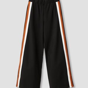Black Wide-Leg Track Pants with White and Rust Side Stripes